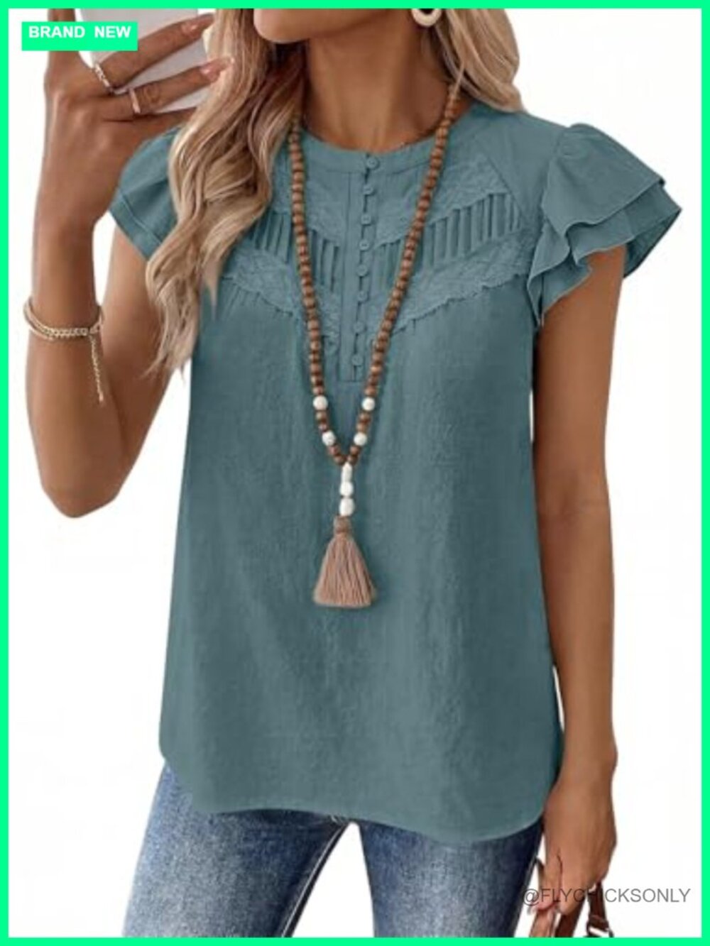 Womens Boho Lace Blouse Split Neck Ruffle Sleeve Summer Top